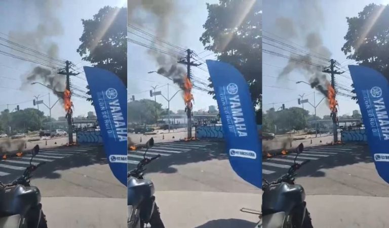 [Vídeo]: Poste pega fogo e fios de alta tensão ficam caídos na Avenida Cosme Ferreira em Manaus
