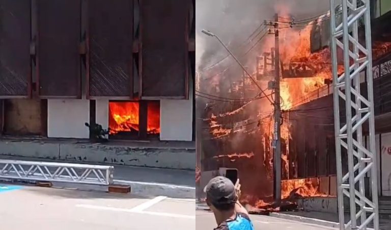 Prédio antigo pega fogo e assusta moradores e comerciantes no Centro de Manaus