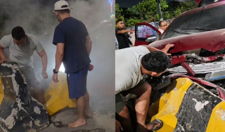 Carro bate contra barreira de concreto e pega fogo na Avenida Coronel Teixeira em Manaus